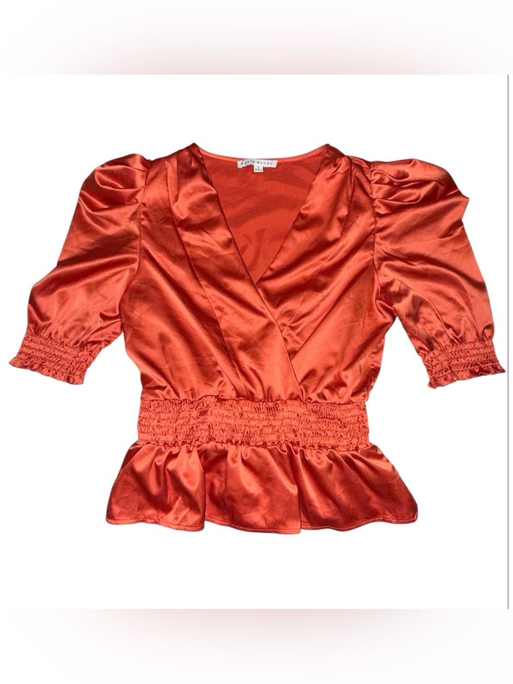 Haute Monde Satin Wrap Peplum Top in Rust Orange Small